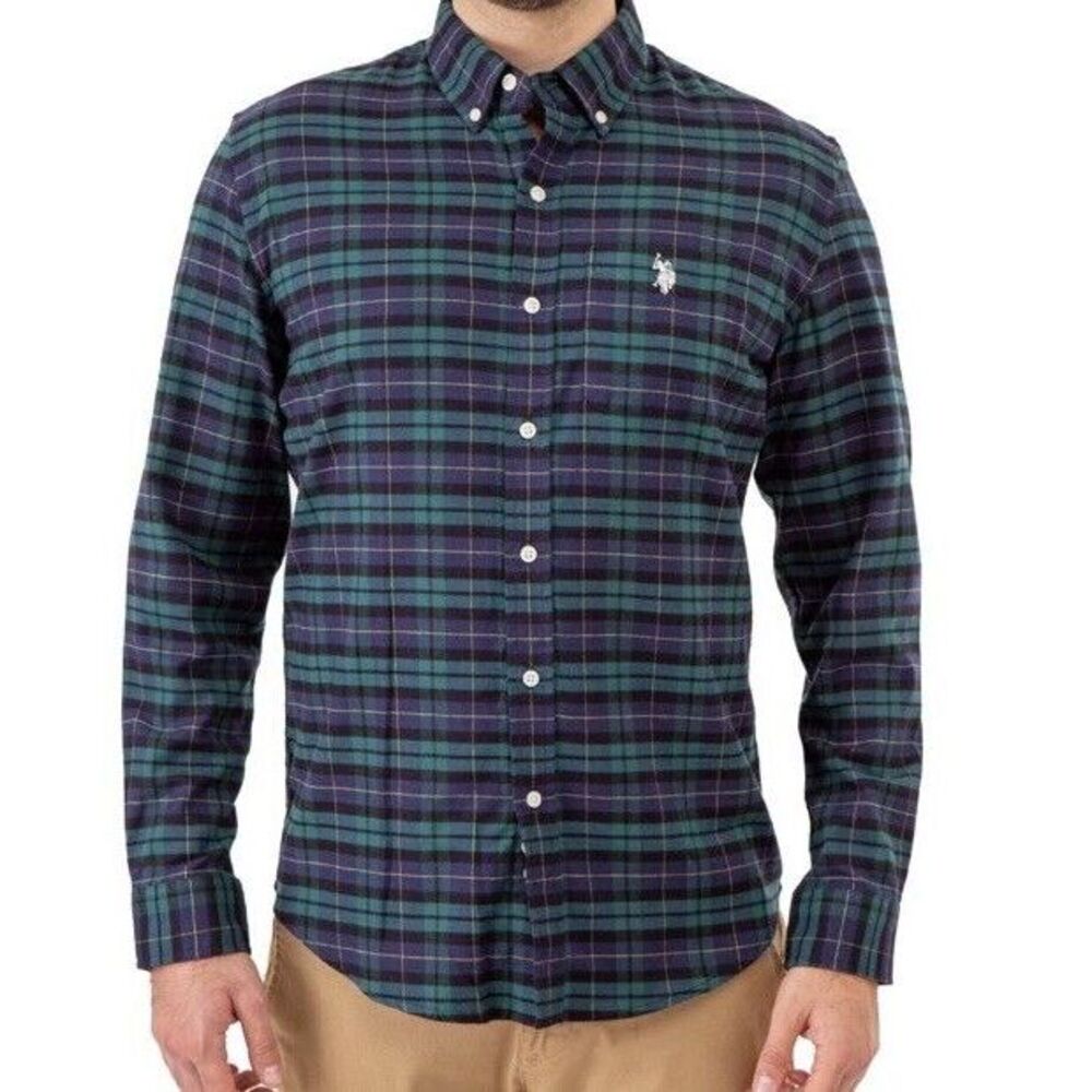 New $24‎ U.S. Polo Assn Ivy Green Plaid Men's Long Sleeve Button Woven Shirt 2XL